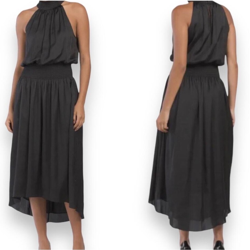 Ramy Brook Sz M Black Satin Smocked Sleeveless Belle High Low Halter Midi Dress